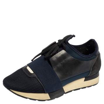 Pre Owned Balenciaga Navy Blue Leather, Nylon, And Mesh Race Runner Sneakers Size 37