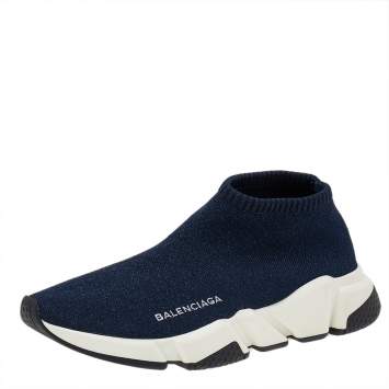 Pre Owned Balenciaga Blue Glitter Knit Fabric Speed Trainer Sneakers Size 39