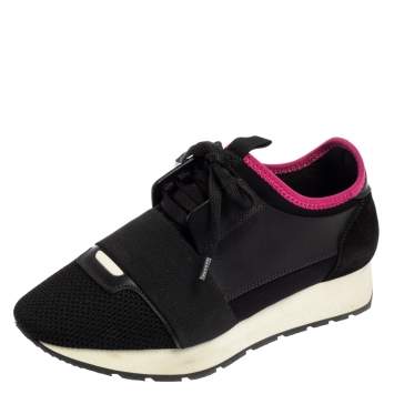 Pre Owned Balenciaga Black/Red Mesh And Leather Race Runner Sneakers Size 37