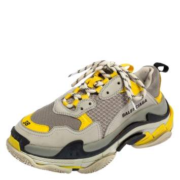 Pre Owned Balenciaga Yellow/Grey Leather And Mesh Triple S Sneakers 38