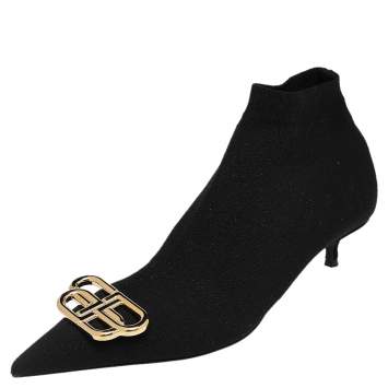 Pre Owned Balenciaga Black Knit Fabric BB Knife Kitten Heel Booties Size 38
