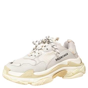 Pre Owned Balenciaga Grey/White Leather And Mesh Triple S Sneakers Size 38