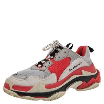 Pre Owned Balenciaga Grey/Red Leather And Mesh Triple S Sneakers Size 40