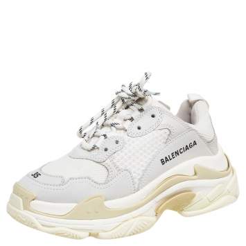 Pre Owned Balenciaga White/Grey Leather And Mesh Triple S Sneakers 35