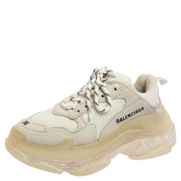 Pre Owned Balenciaga White/Grey Leather, Mesh Triple S Clear  Sneakers Size 36