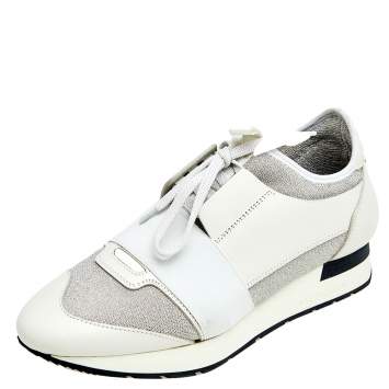 Pre Owned Balenciaga White/Grey Leather And Mesh Race Runner Sneakers Size 38
