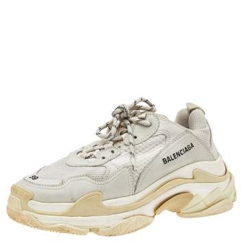 Pre Owned Balenciaga Grey/Beige Leather and Mesh Triple S Sneakers Size 39