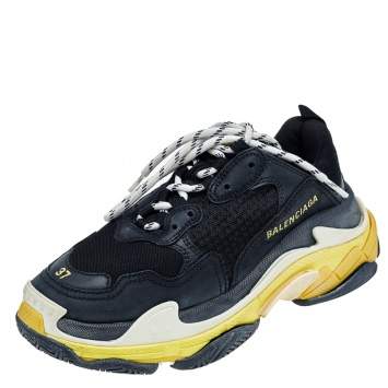 Pre Owned Balenciaga Black /Yellow Leather And Mesh Triple S Clear Sneakers Size 37