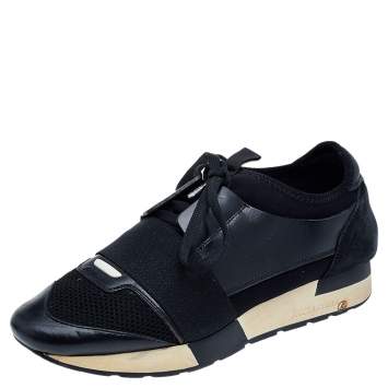 Pre Owned Balenciaga Black Leather And Mesh Race Runner Sneakers Size 39