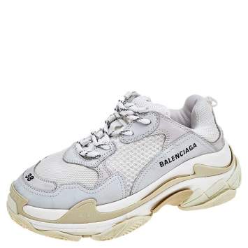 Pre Owned Balenciaga White/Grey Leather and Mesh Triple S Sneakers Size 38
