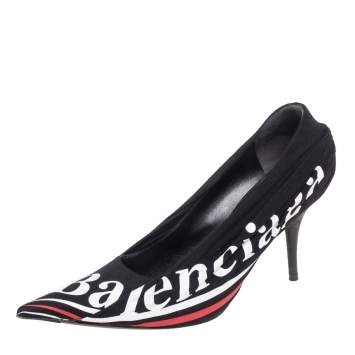 Pre Owned Balenciaga Black Pleated Fabric and Leather Logo Knife Pumps Size 37