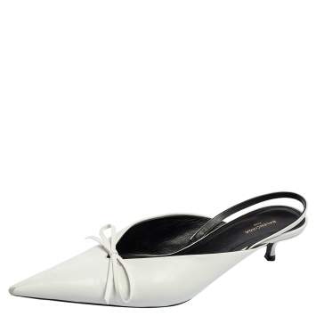 Pre Owned Balenciaga White Leather Knife Bow Slingback Mules Size 37.5