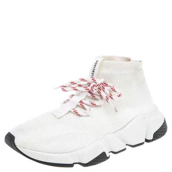 Pre Owned Balenciaga Cream Knit Fabric Speed Trainer Low Top Sneakers Size 37