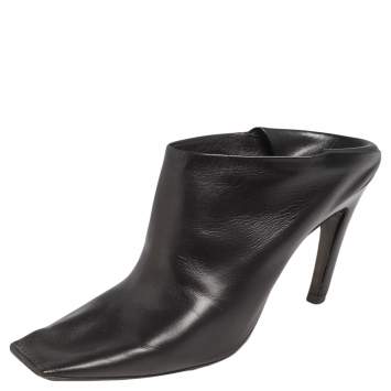 Pre Owned Balenciaga Black Leather Quadro Square Toe Foldable Heel Mules Size 37