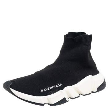 Pre Owned Balenciaga Black Knit Fabric Speed Trainer High Top Sneakers Size 37