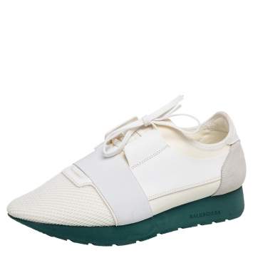 Pre Owned Balenciaga White/Grey Mesh And Leather Race Runner Low Top Sneakers Size 41