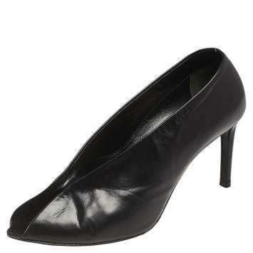 Pre Owned Balenciaga Black Leather V-Neck Open Toe Pumps Size 37
