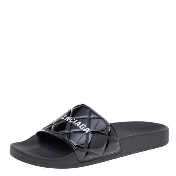 Pre Owned Balenciaga Black Quilted PVC Pool Slide Sandals Size 40