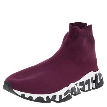 Pre Owned Balenciaga Burgundy Knit Fabric Speed Graffiti Slip On Sneakers Size 41