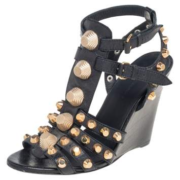 Pre Owned Balenciaga Black Leather Arena Studded Gladiator Wedge Sandals Size 38