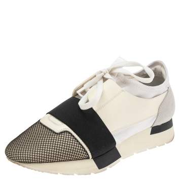Pre Owned Balenciaga White Mesh And Leather Race Runner Low Top Sneakers Size 38