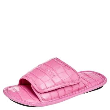 Pre Owned Balenciaga Pink Croc Embossed Leather Home Slide Sandals Size 38