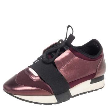 Pre Owned Balenciaga Metallic Bronze/Burgundy Leather And Fabric Race Runner Low Top Sneakers Size 37