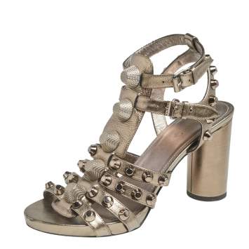 Pre Owned Balenciaga Metallic Bronze Leather Arena Studded Gladiator Sandals Size 38