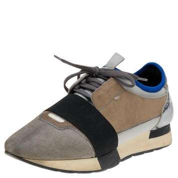 Pre Owned Balenciaga Grey Leather And Suede Race Runner Low Top Sneakers Size 39