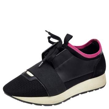 Pre Owned Balenciaga Black Leather And Mesh Race Runner Low Top Sneakers Size 36