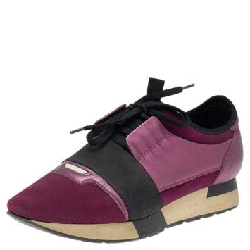 Pre Owned Balenciaga Purple/Black Neoprene And Leather Race Runner Sneakers Size 39