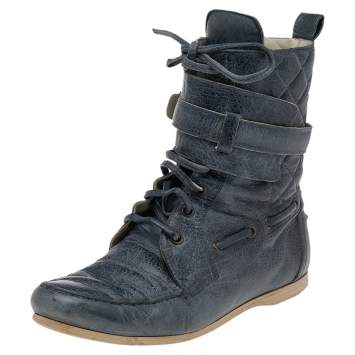 Pre Owned Balenciaga Dark Grey Leather Lace Up Ankle Boots Size 38.5