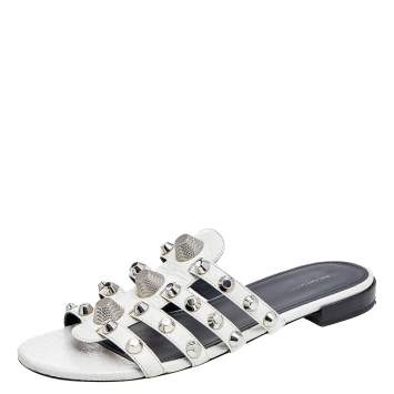Pre Owned Balenciaga White Leather Arena Giant Studded Flat Slides Size 40