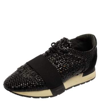 Pre Owned Balenciaga Black Woven Patent Leather Race Runner Low-Top Sneakers Size 37