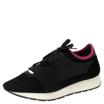 Pre Owned Balenciaga Black Mesh, Neoprene and Leather Race Runner Low-Top Sneakers Size 40