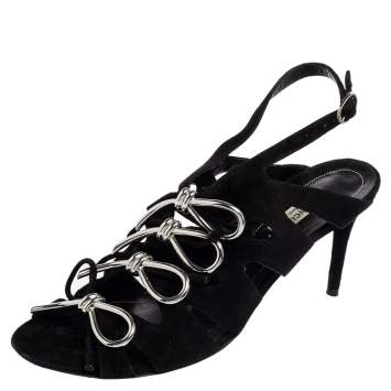 Pre Owned Balenciaga Black Suede  Caged Boulce Bow Ankle Strap Sandals Size 38