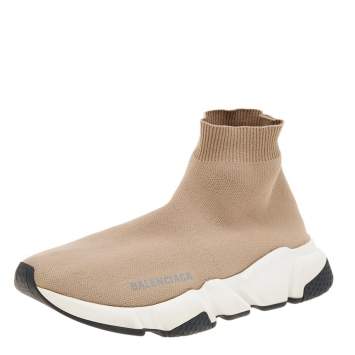 Pre Owned Balenciaga Beige Knit Fabric Speed Trainer High Top Sneakers Size 37