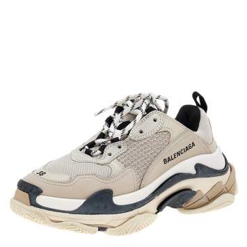 Pre Owned Balenciaga Grey Mesh And Leather Triple S Sneakers Size 38