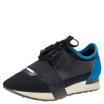 Pre Owned Balenciaga Black/Blue Leather And Mesh Race Runner Sneakers Size 39