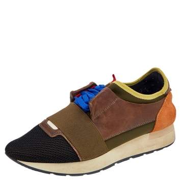 Pre Owned Balenciaga Multicolor Leather And Mesh Race Runner Low Top Sneakers Size 38
