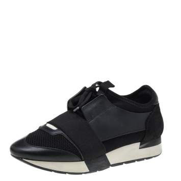Pre Owned Balenciaga Black Mesh And Leather Race Runner Low Top Sneakers Size 38