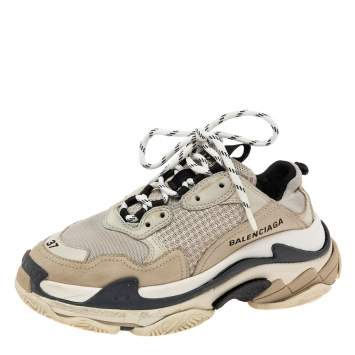 Pre Owned Balenciaga Beige/Black Mesh, Suede and Leather Triple S Sneakers Size 37