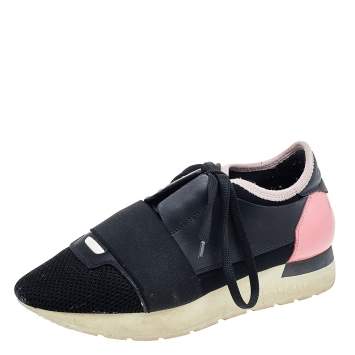 Pre Owned Balenciaga Black/Pink Leather And Mesh Race Runner Sneakers Size 35