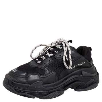 Pre Owned Balenciaga Black Mesh and Leather Triple S Sneakers Size 39
