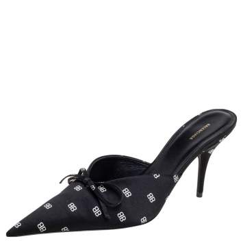 Pre Owned Balenciaga Black Satin BB Logo Knife Mules Size 38