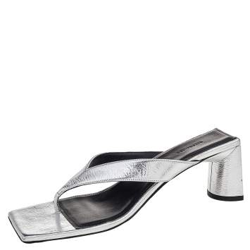 Pre Owned Balenciaga Silver Leather Double Square Thong Sandals Size 38