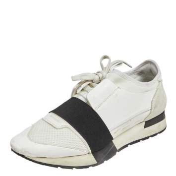 Pre Owned Balenciaga White Fabric And Leather Race Runner  Sneakers Size 39