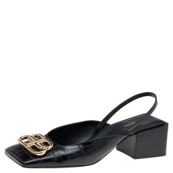 Pre Owned Balenciaga Black Leather BB Logo Square Toe Slingback Sandals Size 37
