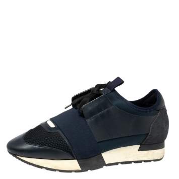 Pre Owned Balenciaga Navy Blue Leather Race Runner Low Top Sneakers Size 38