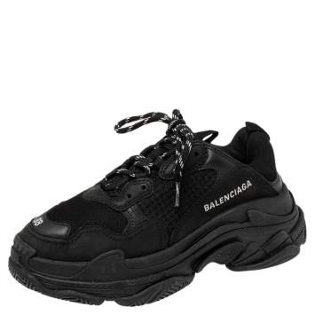 Pre Owned Balenciaga Black Mesh And Leather Triple S Low Top Sneakers Size 38